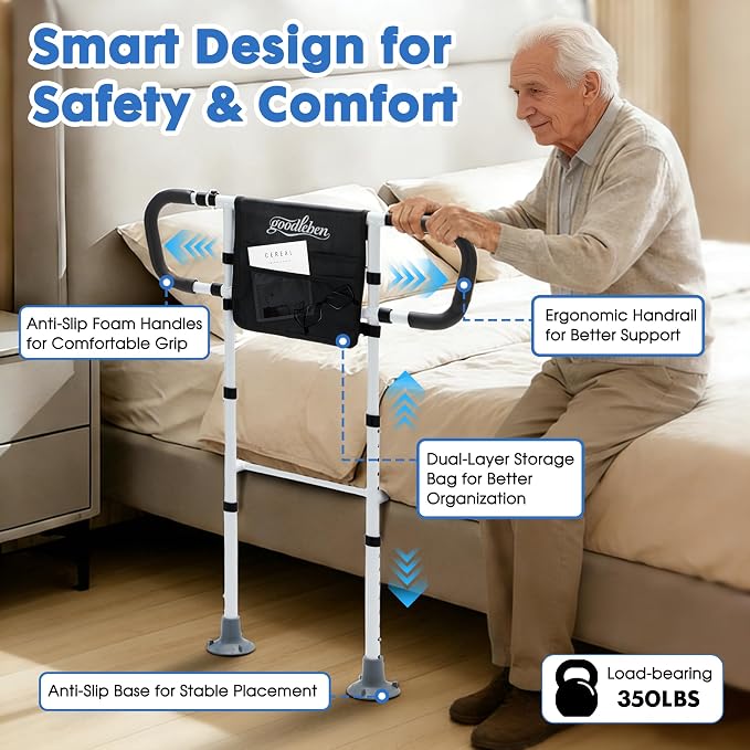 Bed Rails for Elderly Adults Safety, Bed Assist Rails for Seniors with Non-Slip Ergonomic Handle, Floor Support & Storage Pocket, Adjustable Bed Rail Fits Twin, Full, Queen & King Beds
