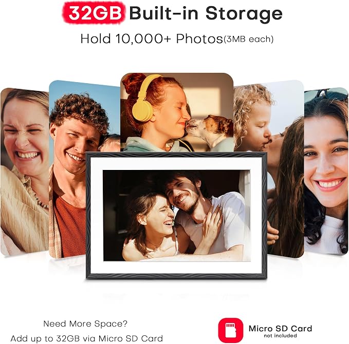 Frameo 10.1'' Digital Picture Frame WiFi, 1280 * 800 HD Touch Screen, 32GB Memory, Wall Mountable Digital Photo Frame, Auto-Rotate, Share Instantly, Wedding, Birthday Gifts for Mom