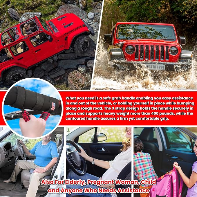 Roll Bar Grab Handles Grip Handle for Jeep Wrangler JK JKU JL JLU TJ YJ Sport Sahara Freedom Rubicon Unlimited Gladiator JT 1955-2023 UTV ATV Accessories Premium Paracord US Flag (Red 2 Pack)
