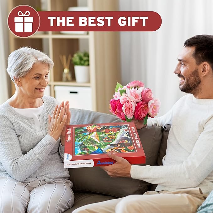 Assistex Dementia Jigsaw 100 Large Puzzle for Seniors - Alzheimer's Activity for Adults with Conversation Prompts - Best Memory Game for Patiens in Nursing Home - Build in Box Activities for Elderly