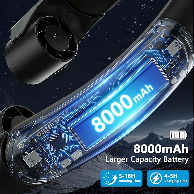 Mavax ChillGo Portable Neck Fan - 8000mAh Personal Wearable Fan, 9000 RPM Direct-flow 4X Powerful 360° Airflow Cooling Fan, Max 16H, 4 Speeds, LED Display, Great Gifts for Men Women - 5th Gen Black