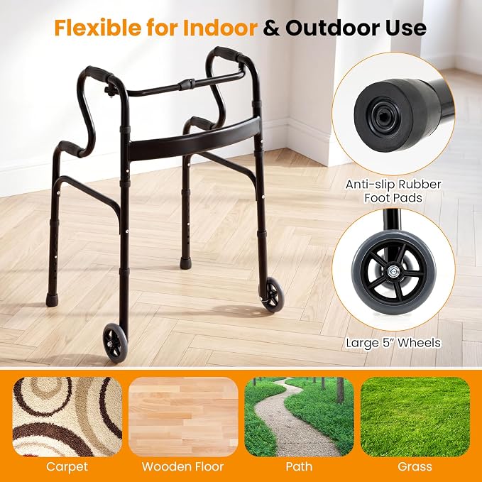 Goplus 3-in-1 Stand-Assist Folding Walker with 5" Wheels, Heavy Duty Walking Mobility Aid Supports up to 220lbs, Can be Used as Toilet Safety Rail, Narrow Drive Walkers for Seniors Elderly Adult