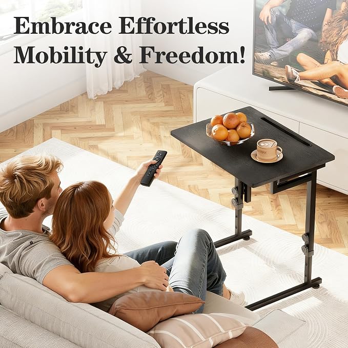 Adjustable Height Tv Tray Table,Portable Folding Tv Tray Dinner Snack Trays Table,Small Foldable C-Shaped End Table for Eating,Slide Under Couch Side with Sturdy MDF Top,No Assembly(Black+Black)