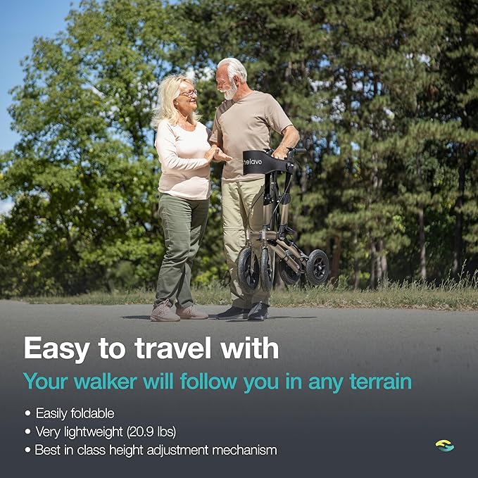 Helavo All Terrain Walker Rollator with 12” Pneumatic Tires – Foldable Outdoor Walkers for Seniors with Seat, Lightweight & Adjustable Height, Shock-Absorbing for Comfort on Any Surface