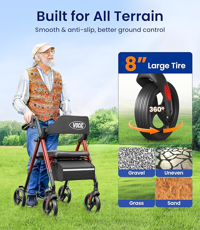 VOCIC Walkers for Seniors, Z21 Rollator Walker with Seat Supports 350lb, 8" Big Wheels for All Terrain, Ergonomic Arc Seat & 6" Ultra Backrest Foldable Walker, Dual Height Adjustment, Lightweight 2025