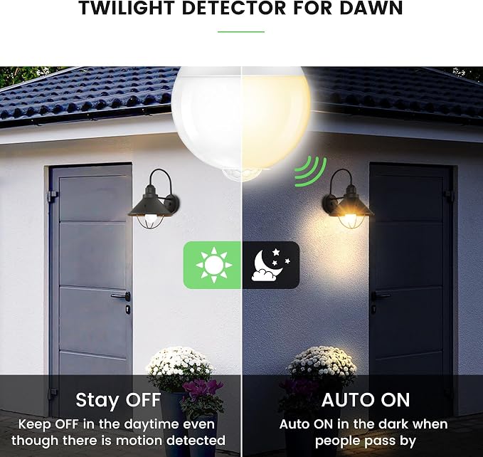 Motion Sensor Light Bulbs, E26 Dusk to Dawn Activated Security | Auto On/Off, Energy-Efficient, for Indoor Outdoor Lighting, Front Door Garage Basement Storage Closet, 120V, 2700K 4Pack