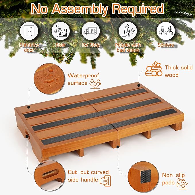 Wooden Step Stool, 3.5" One Step Non-Slip Outdoor Platform, Heavy Duty Mobility Half Steps for Seniors Adults With Bad Knee, No Assembly Required
