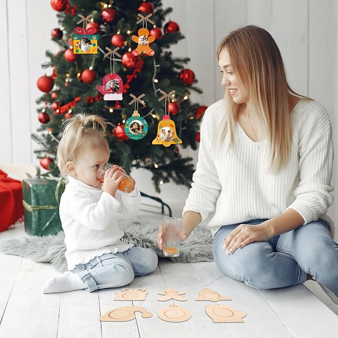24Pcs Christmas DIY Photo Frame Ornaments, Unfinished Wood Craft Kits | Wooden Photo frames, Hanging Ribbons, Digital Pendants for Two Years. For Kids Holiday Parties, Classroom Crafts Family DIY