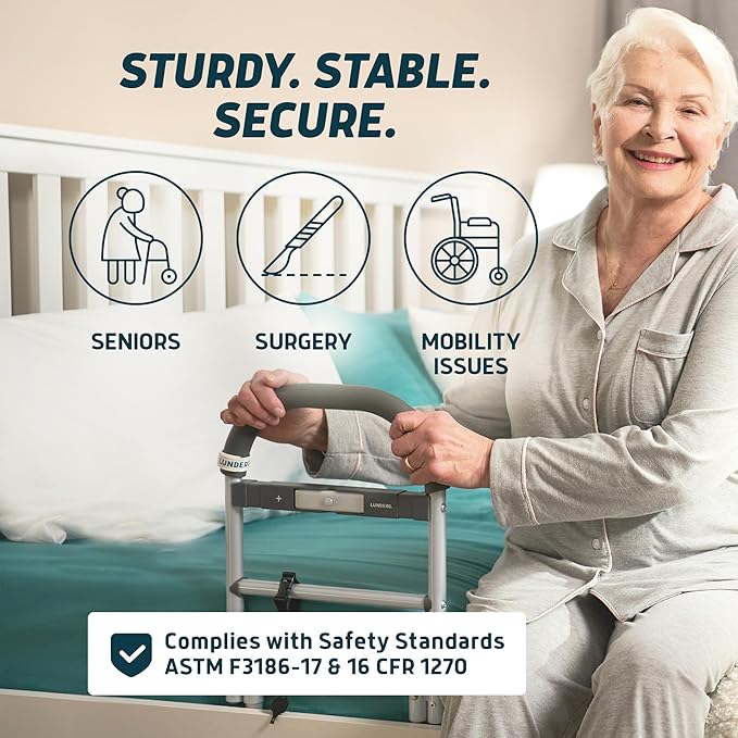 Lunderg Bed Assist Rail for Seniors with Motion Light & Non-Slip Grab Bar | Easy to Install Bed Rails for Elderly Adults Safety & Post-Surgery - Helps Reduce Falls & Support Independence
