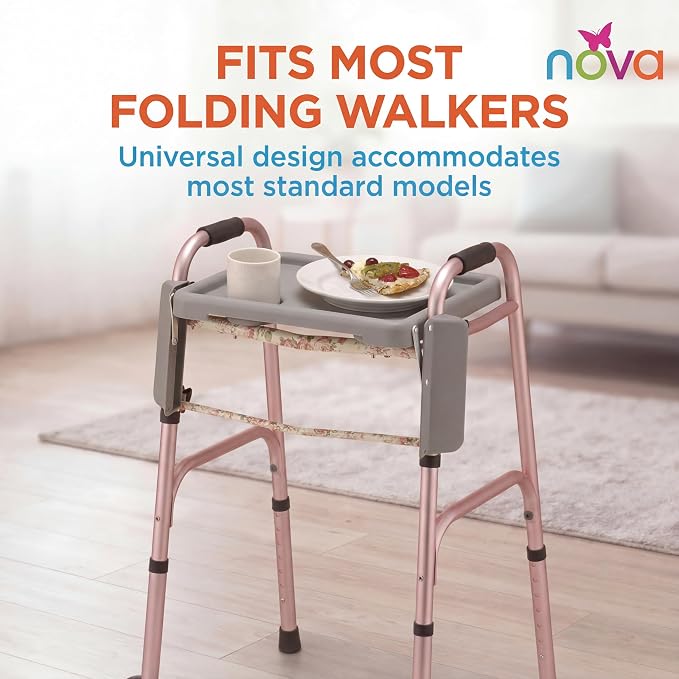 NOVA Folding Walker Tray Accessory – Flip-Up Walker Tray with 2 Cup Holders for Food, Drinks & Personal Items – No-Tool Installation – Easy Up/Down Mobility Tray for Standard Walkers