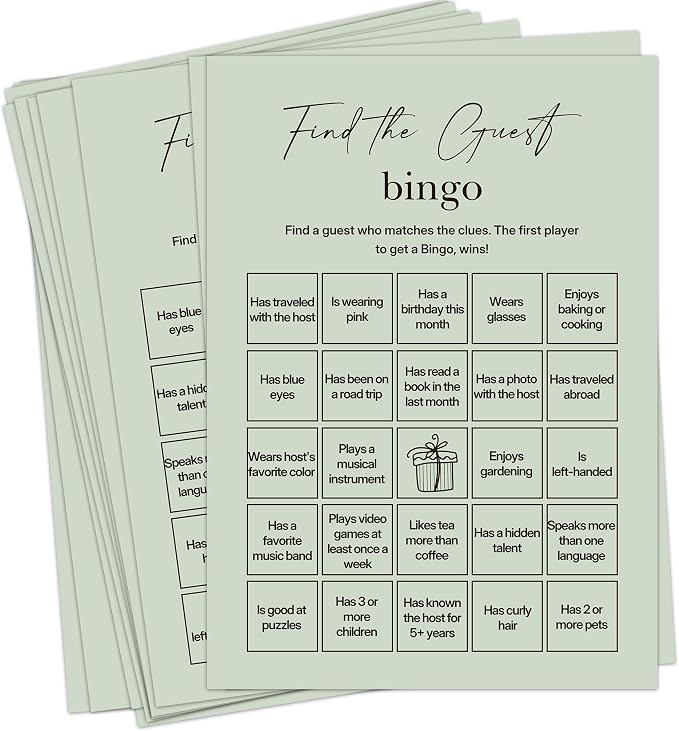 Find The Guest Bingo Cards – 25 Unique Cards, Icebreaker Party Games for Adults, Rustic Sage Green Mingle Activity for Birthday Parties, Family Reunions, Office Events & Friendsgiving