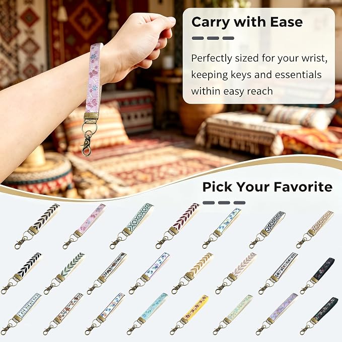Boho Vintage Embroidered Floral plant Wristlet Keychain for Women | Cute Lanyard&Antique Brass Clasp, Lightweight Hands-Free Key Holder for keys,purses,handbags and daily outdoor use for ladies