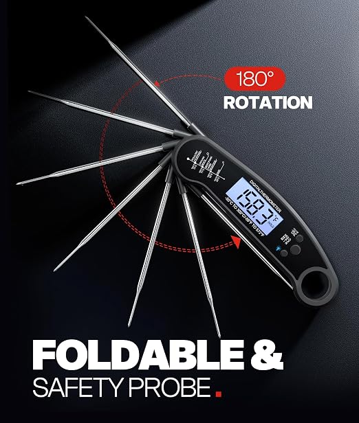 Instant Read Meat Thermometer Digital, 1-2 Sec, Cooking, Food, BBQ | Fast Response, Waterproof, Backlit Display for Grilling, Air Fryer, Smoker, Kitchen Gadgets, Gift for Dad Men, Black