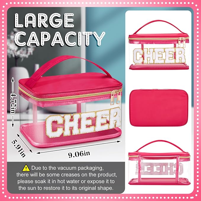 Geetery Chenille Letter Bag, Meds Cheer Travel Cases Cheerleader Gifts Cosmetic Bag Nylon Makeup Portable Preppy Patch with Zipper Toiletry Storage Case for Women(Hot Pink,Cheer)