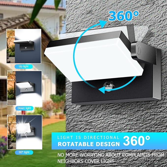 60W LED Motion Sensor Outdoor Wall Light Fixture, Flood Light | 3CCT,5000 Lumen,360°Adjustable Head,IP65 Waterproof,Commercial Security Lighting for House, Garage, Porch & Yard