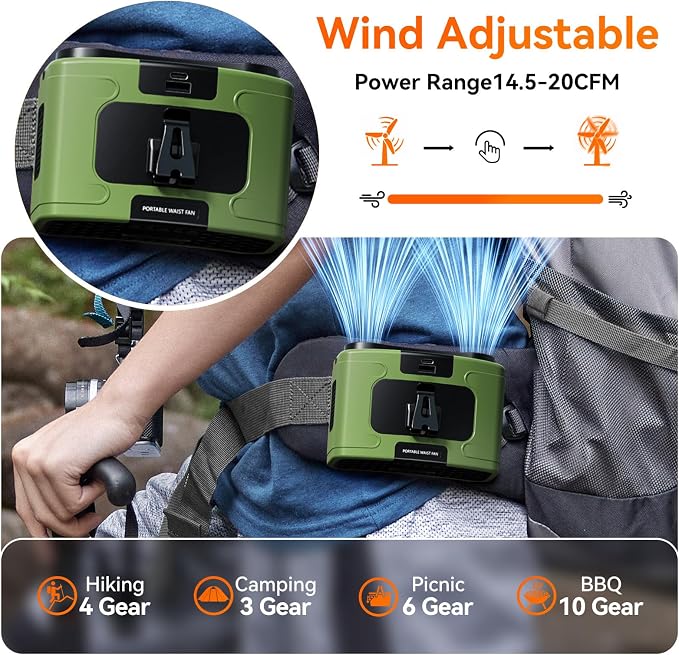 Doublepow 10000mAh Portable Waist Fan, Personal Dual Waist Fan, Clip On Belt Hanging Neck, Dual Motor 20H&10 Speed 16000RPM Strong Airflow, USB Rechargeable Fans, for Outdoor Work Travel(K60-Green)