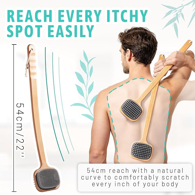 NURENDER Extra Long Bamboo Back Scratcher 22'', Soft Body Brush | Long Handle Dual Sided Silicone Bristles Backscratchers, Bamboo Wood Body Brush for Dry & Wet Use