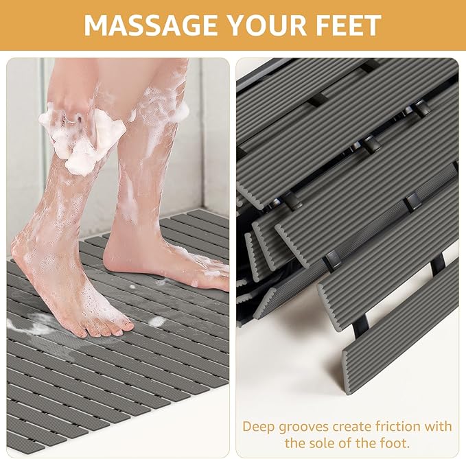 Yolife PVC Large Shower Mat, 35.4 × 24 Inch Non Suction Cup Non Slip Shower Floor Mat, Easy to Cut & Curlable Stand Up Shower Stall Mat, Heavy Duty Bath Shower Mats for Inside Shower