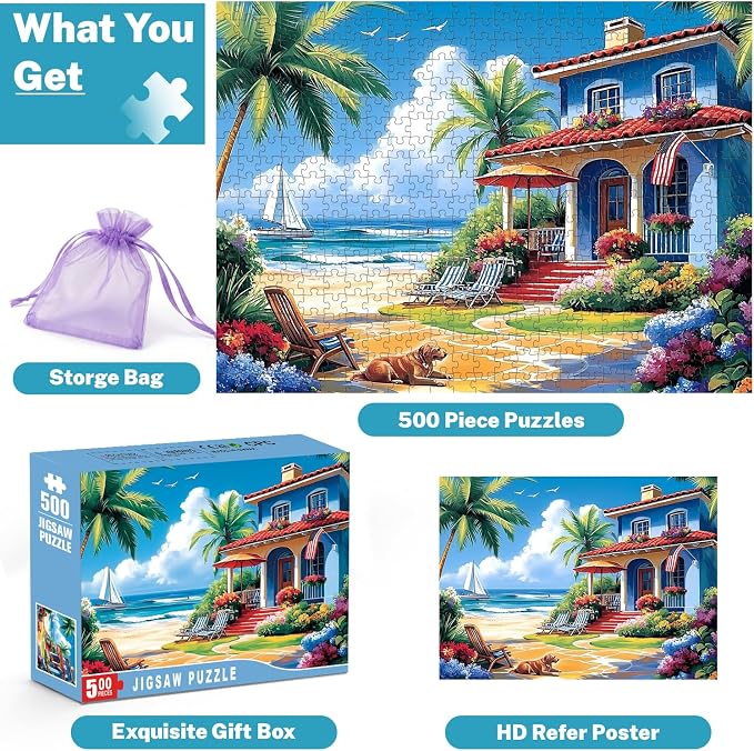 500 Piece Puzzle for Adults – Coastal Beach House Jigsaw Puzzles 500 Pieces, Ocean View Vacation Scene with Palm Trees & Dog, Relaxing Adult Puzzle, 20.5 x 15 in
