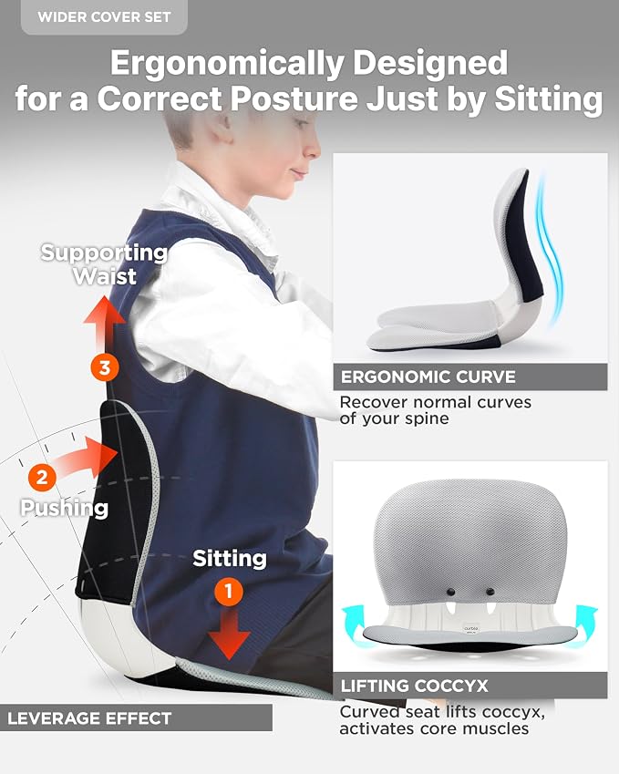 curble Wider – Ergonomic Desk Chair Seat Cushion, Everyday Passive Posture Trainer for Work from Home, Office & Car, Breathable Lumbar Support (Grey)