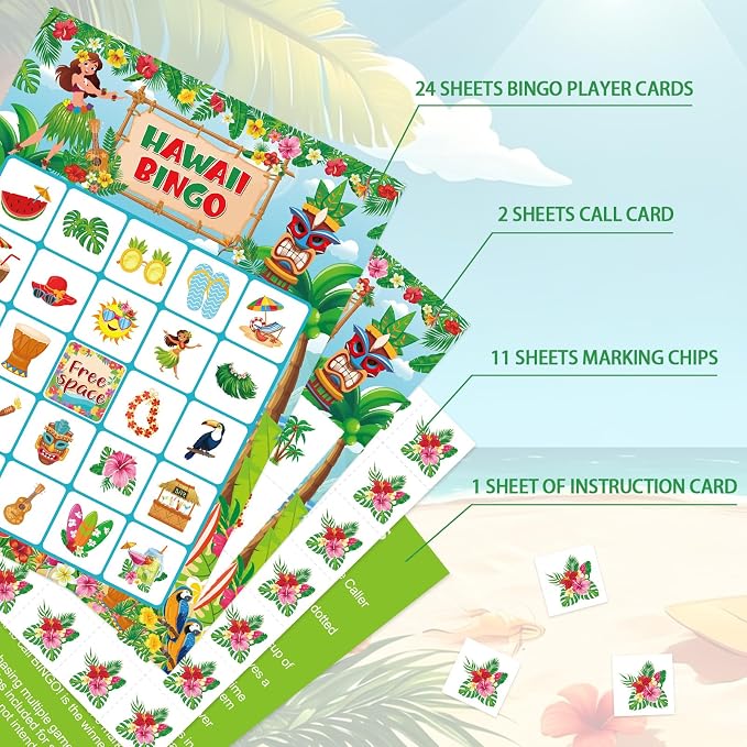 Summer Bingo Cards, 24 Players Tropical Hawaiian Party Bingo Game Cards Summer Party Games for Birthday Holiday Party Wedding School Classroom Group Activities Favors Supplies