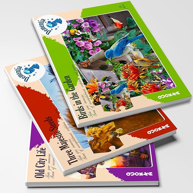 QUOKKA 35 Piece Dementia Activities for Adults - 3 Set Dementia Puzzles for Elderly - Large Piece Gifts Products for Seniors - Alzheimers Jigsaw Puzzle Games for Adults - Birds, Steeds, and Old City