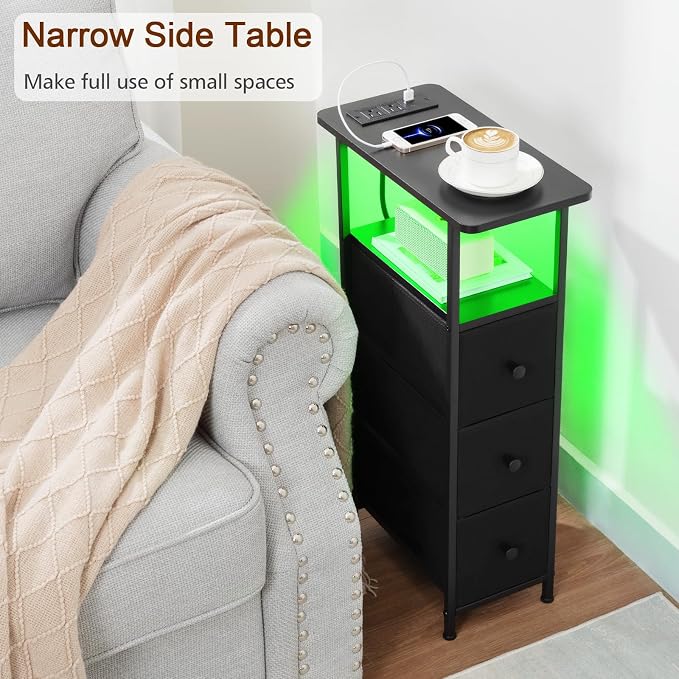 Narrow End Table with Charging Station, Small Nightstand | Skinny Side Tables Living Room with 3 Fabric Drawers, Bedside Table with LED Lights for Bedroom, Small Spaces, Black