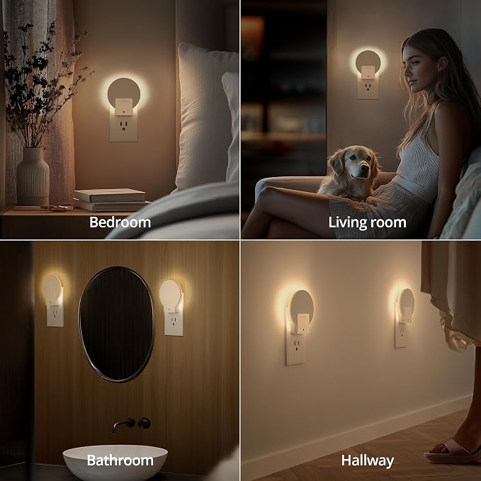 Lyridz Plug in LED Backlit Night Light with Auto Dusk to Dawn Sensor, 1-50 LM Dimmable Warm White Nightlight Indoor for Bedroom, Bathroom, Kids Room, Pet House, Kitchen, Stairs, Hallway, 4 Pack