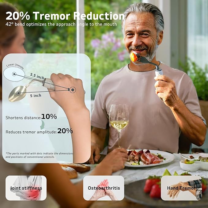 3-Piece Adaptive Utensils Set - 42° Angled Parkinsons Utensils, 2.5 oz Weighted Utensils for Tremors and Parkinsons Patients, Easy Grip Weighted Silverware for Hand Tremors (Right-Handed)