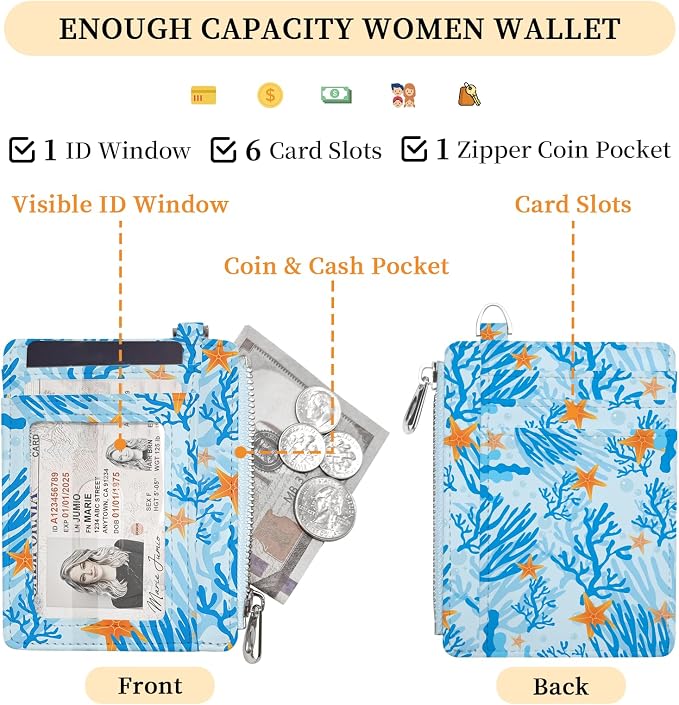 Hancynir Ocean Sea Starfish Slim Wallet Women Credit Card Holder RFID Small | Zipper Pocket Wallet, Thin Travel Coin Purse, Ladies Women Gifts, Minimalist Card Case, 6 Card Slots, ID Window, PU Leather
