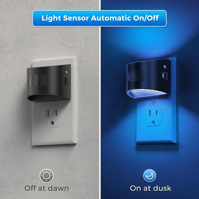 L LOHAS LED Motion Sensor Night Light, Night Lights Plug into Wall, 2 Pack | Nightlight with Dusk to Dawn & Motion Detection Sensor, 30-100Lm Adjustable Brightness, Blue Light, Black Housing