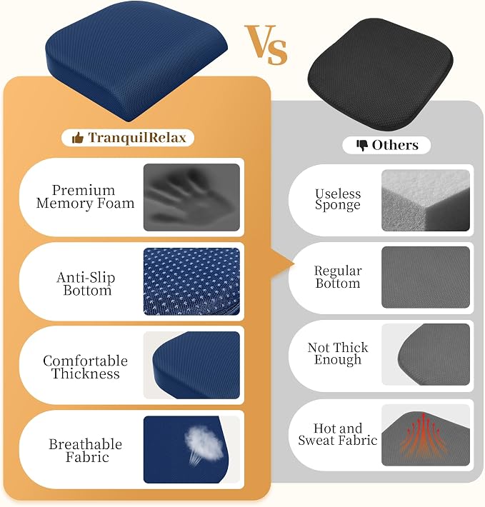 TranquilRelax XL Memory Foam Seat Cushion for Office Chair, 3.35-Inch, Blue | Medium-firm Support for Long Sitting, Washable Mesh Cover, Non-slip Base, Perfect for Car Seats & Short Drivers