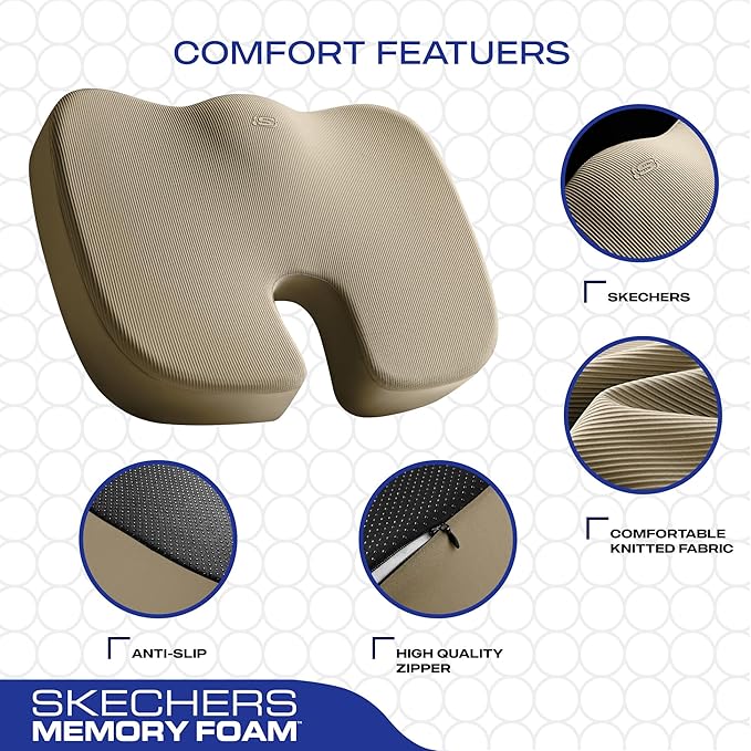 Skechers Memory Foam Seat Cushion,Office Chair Cushion for Tailbone Pain Relief,Butt Pillow for Office Chair,Car seat Cushion,Computer Desk,Long Sitting Office Workers,and Car Drivers,Beige