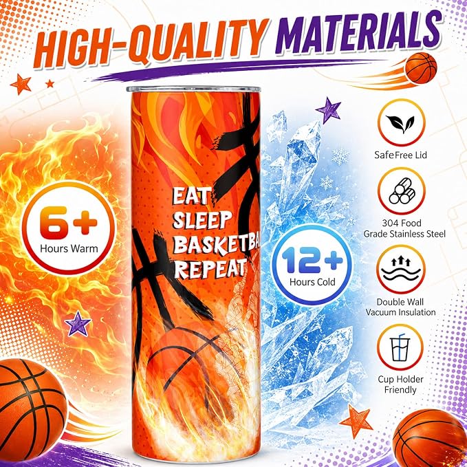 Geiserailie 2 Pack Basketball Tumbler Cups Gifts 20 oz Insulated Stainless Steel Sports Travel Mug with Lids Straws for Christmas Father's Day Men Dad Basketball Lovers Fans