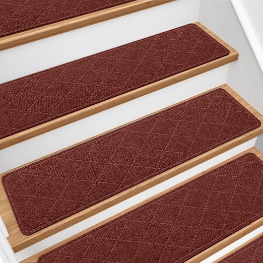 Stair Treads for Wooden Steps 18 PCS, Non Slip Stair Rugs Red | 8x30in Self-adhesive Stair Runner Strips, Machine Washable, Indoor Carpet for Stairs, Stair Protection for Kids Pets Elderly