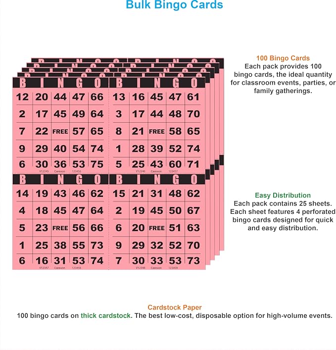 100 Bingo Cards, Large 4.5 x 4.5 Inch, Pink, Paper Bingo Sheets | 8 Color Options, Premium Cardstock, Disposable with Daubers or Reusable with Chips — Proudly Made in USA