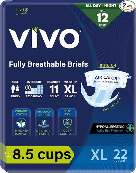 VIVO Organic Cotton Overnight Sensitive Skin Adult Incontinence Diaper Briefs with Tabs, X-Large 22 Count