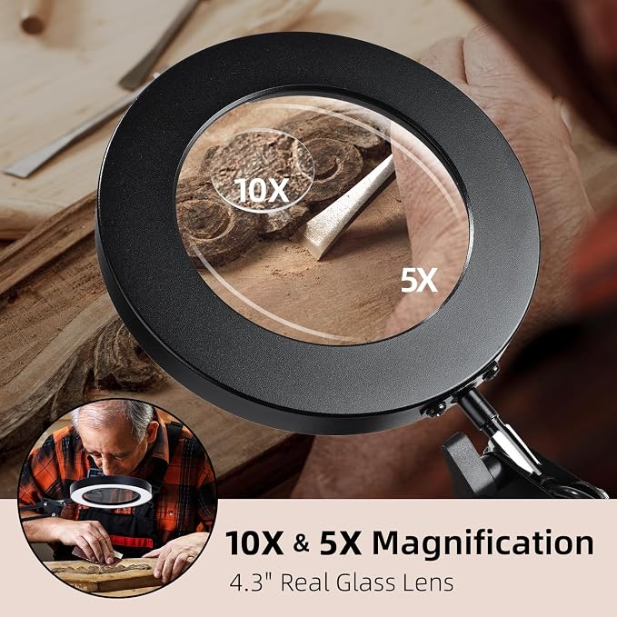 Magnifying Glass with Light and Stand, 3-in-1 Gooseneck Arms 3 Color Modes Stepless Dimmable, 10x&5X LED Desktop Magnifier with Light Hands Free for Workbench Reading Crafts Painting Hobby Close Work