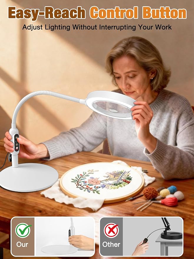 30X 10X Magnifying Glass with Light and Stand, 5 Color Modes Stepless Dimmable, Optical Grade HD Lens, LED Lighted Magnifier Hands Free with 20.5in Flexible Gooseneck for Close Work - White