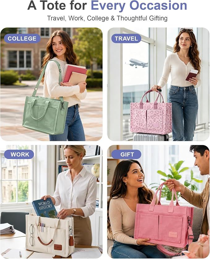 FIORETTO Canvas Tote Bag for Women with Zipper Closure & Individual Compartments for Work College for Teacher & Nurse