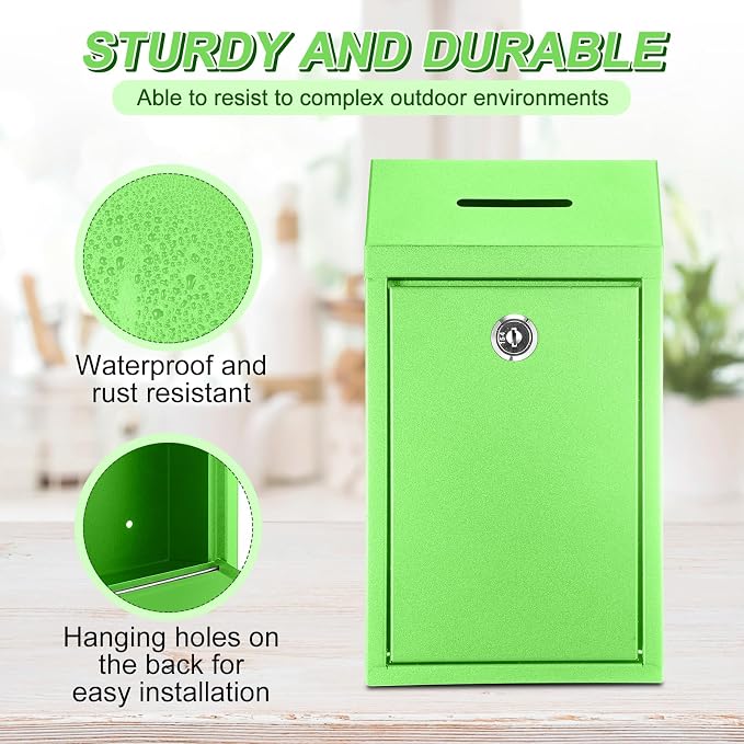 Yaocom Metal Money Box,Light Green,10.24 x 5.71 x 2.95 Inch,No Lid | Wall Mounted Drop Donation Cash Box for Farm Stand Collection Safe Suggestion Box with Lock Container for Home Office Outdoor