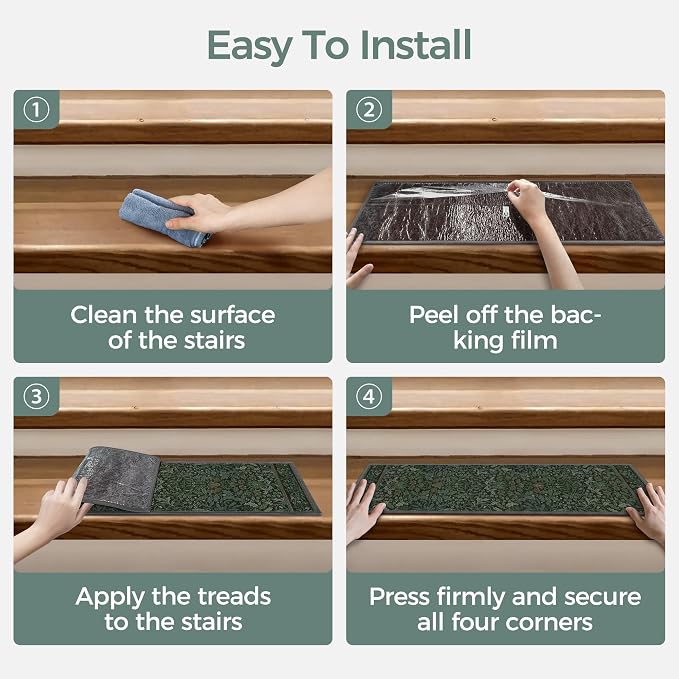 sarben 8"x30" Non Slip Stair Treads for Wooden Steps 15Pk, Dark Sage Green | Peel and Stick Carpet Stair Runner with TPE Adhesive Backing, Carpet for Added Safety, Pet and Senior Friendly