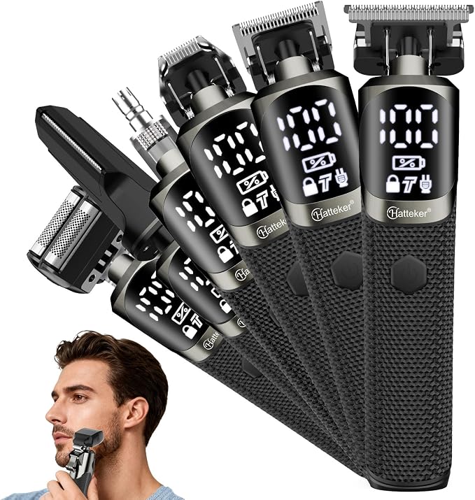 Hatteker 6-in-1 Men’s Grooming Kit, IPX6 Waterproof Electric Beard Trimmer, Cordless Hair Clipper for Beard, Nose, Ear & Body Grooming, Stainless Steel Blade with LED Display, Type-C Charging