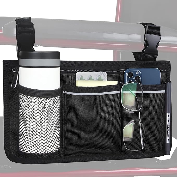 Wheelchair Side Bag, Wheelchair Armrest Storage Pouch with Cup Holder Use of Waterproof Fabric, for Most Wheelchairs, Walkers or Rollators (Black)