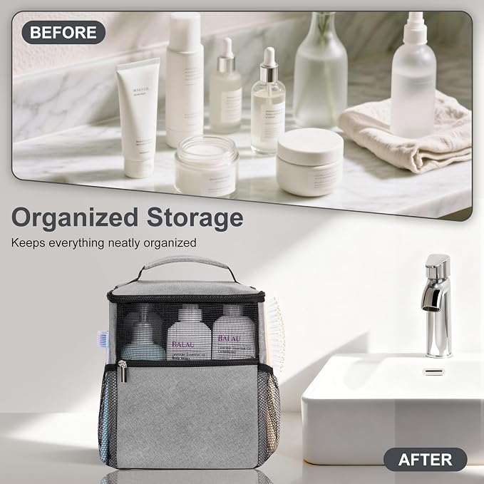 Mesh Shower Caddy Hanging for College Dorm Essentials Grey | Portable Bathroom Caddy Organizer Shower Tote Bag with Built-in Hook for Beach, Swimming, Gym camping