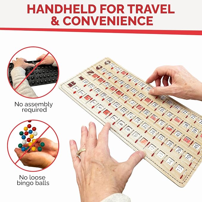MR CHIPS Large 14.75" L x 6.75" W Jam-Proof Finger Tip Bingo Master Board Card with Large 3/4" Sliding Windows, Thick 5 Ply Cardboard, Tan Woodgrain Style, Perfect for Tracking Bingo Games