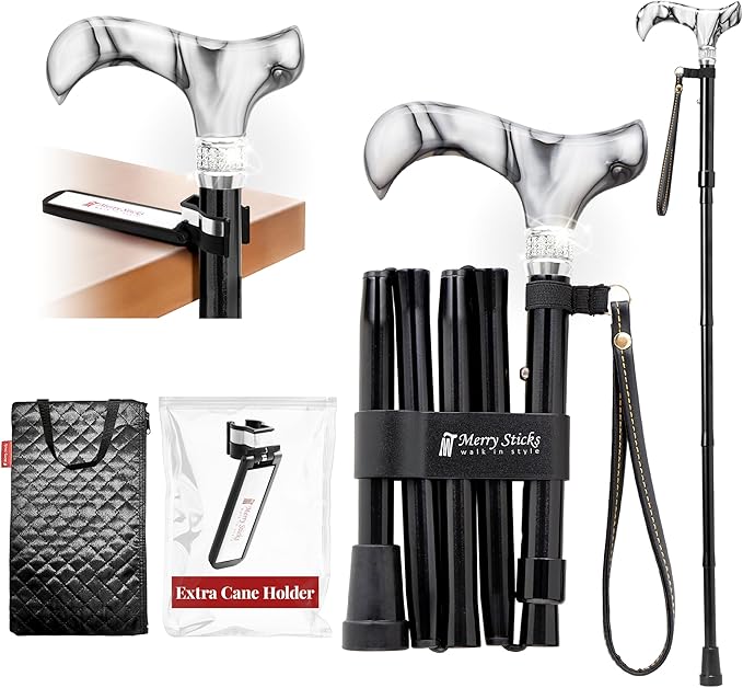 [Combo] Merry Sticks Lightweight Foldable Walking Canes for Women and Men, Adjustable & Collapsible Walking Stick for Seniors, Includes A Cane Bag & A Smart Reflective Cane Holder