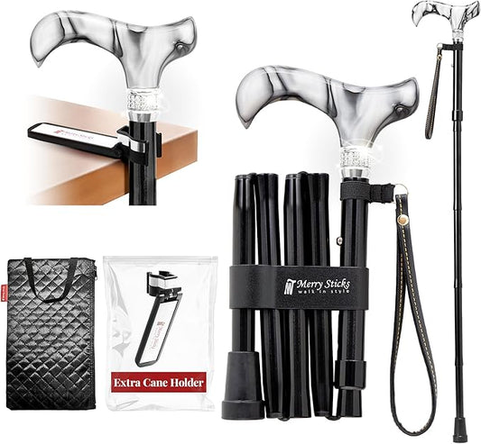[Combo] Merry Sticks Lightweight Foldable Walking Canes for Women and Men, Adjustable & Collapsible Walking Stick for Seniors, Includes A Cane Bag & A Smart Reflective Cane Holder