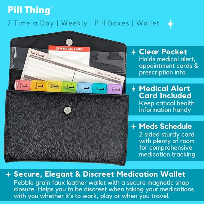 Weekly Pill Organizer Case, 7 Compartments, Pebble Grain Faux Leather, Magnetic Snap, Medication Schedule Card (7X a Day Weekly with Wallet)