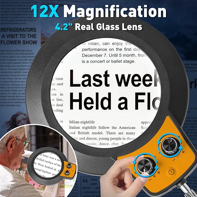 KIRKAS 12X Magnifying Glass with Light and Stand, Any Color Modes & Stepless Brightness LED Magnifying Lamp with Clamp, 2-in-1Hands Free Magnifier Desk Lamp for Repair Painting Crafts-Knob Yellow